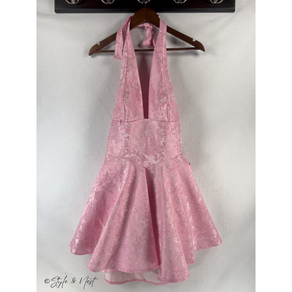 Women's Mini Pink Coquette Dress Floral Jacquard Bridgerton Ball Gown Prom Med